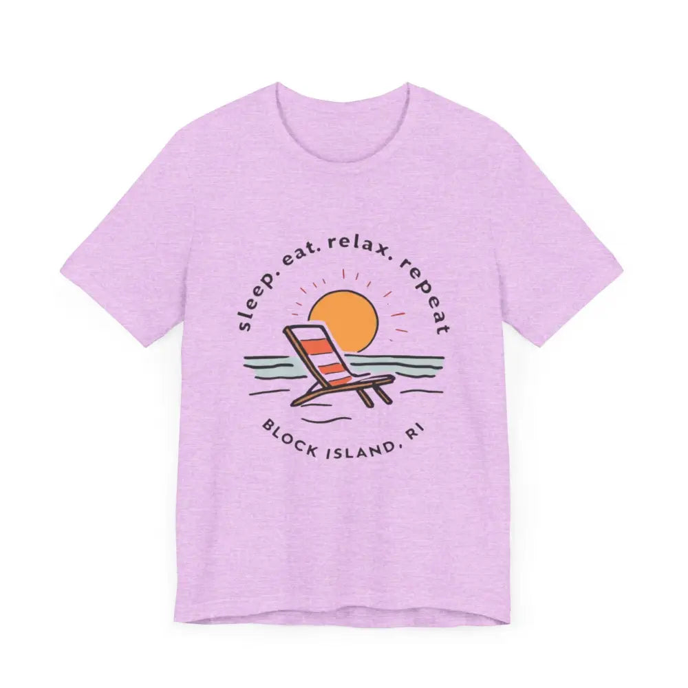 Lavender t-shirt featuring a beach graphic from Block Island Beach Vibes Unisex Tee