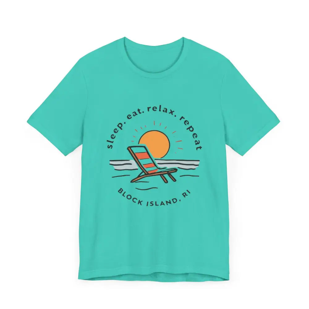 Turquoise t-shirt with beach design from Block Island Beach Vibes Unisex Tee collection