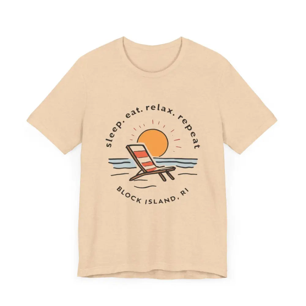 Beige Block Island Beach Vibes Unisex Tee featuring a beach scene graphic