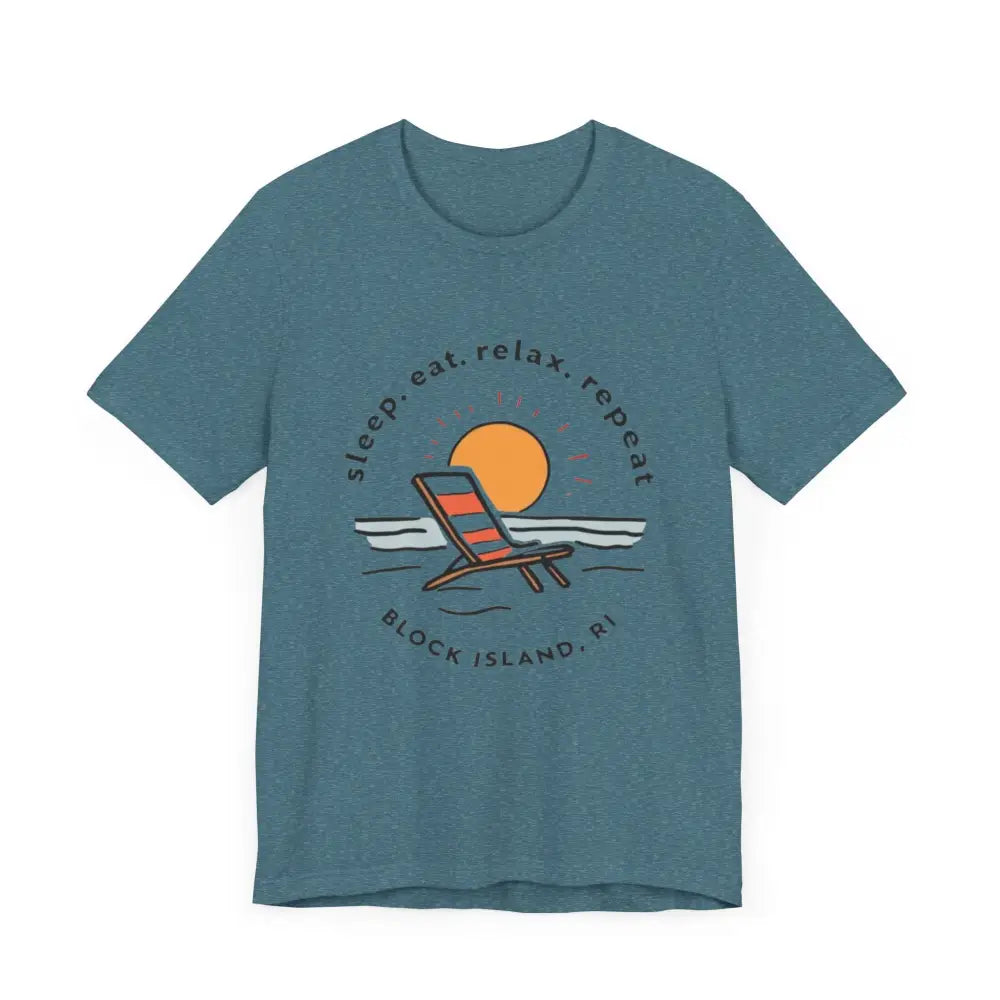 Blue t-shirt featuring beach graphic from Block Island Beach Vibes Unisex Tee