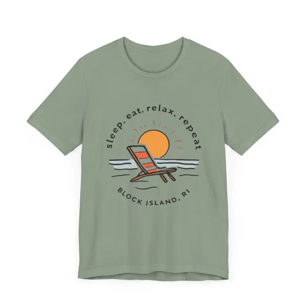 Green Block Island Beach Vibes Unisex Tee featuring a vibrant beach graphic