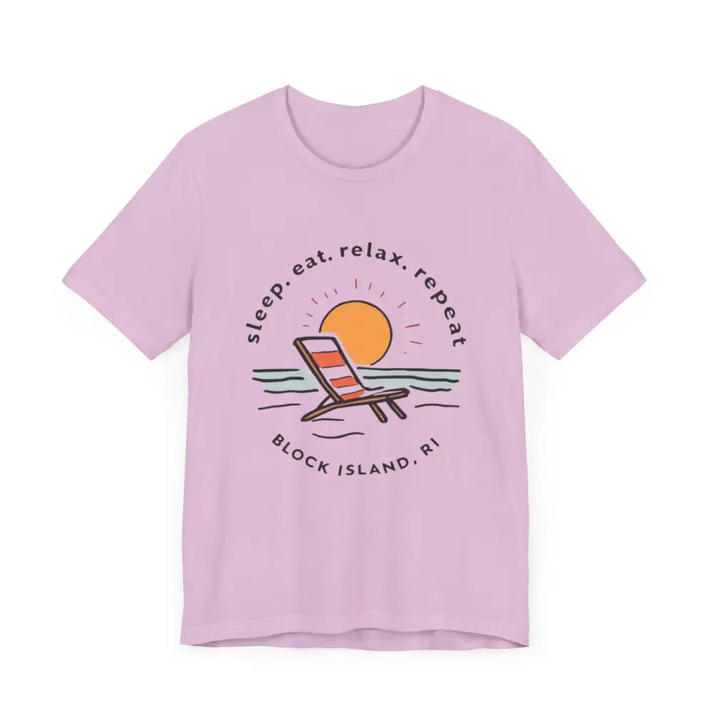 Lilac t-shirt featuring Block Island Beach Vibes Unisex Tee design for casual wear