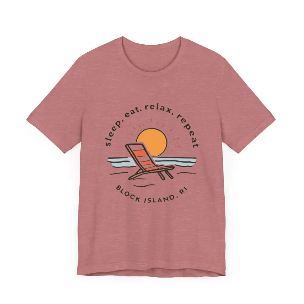 Mauve Block Island Beach Vibes Unisex Tee featuring a beach graphic design