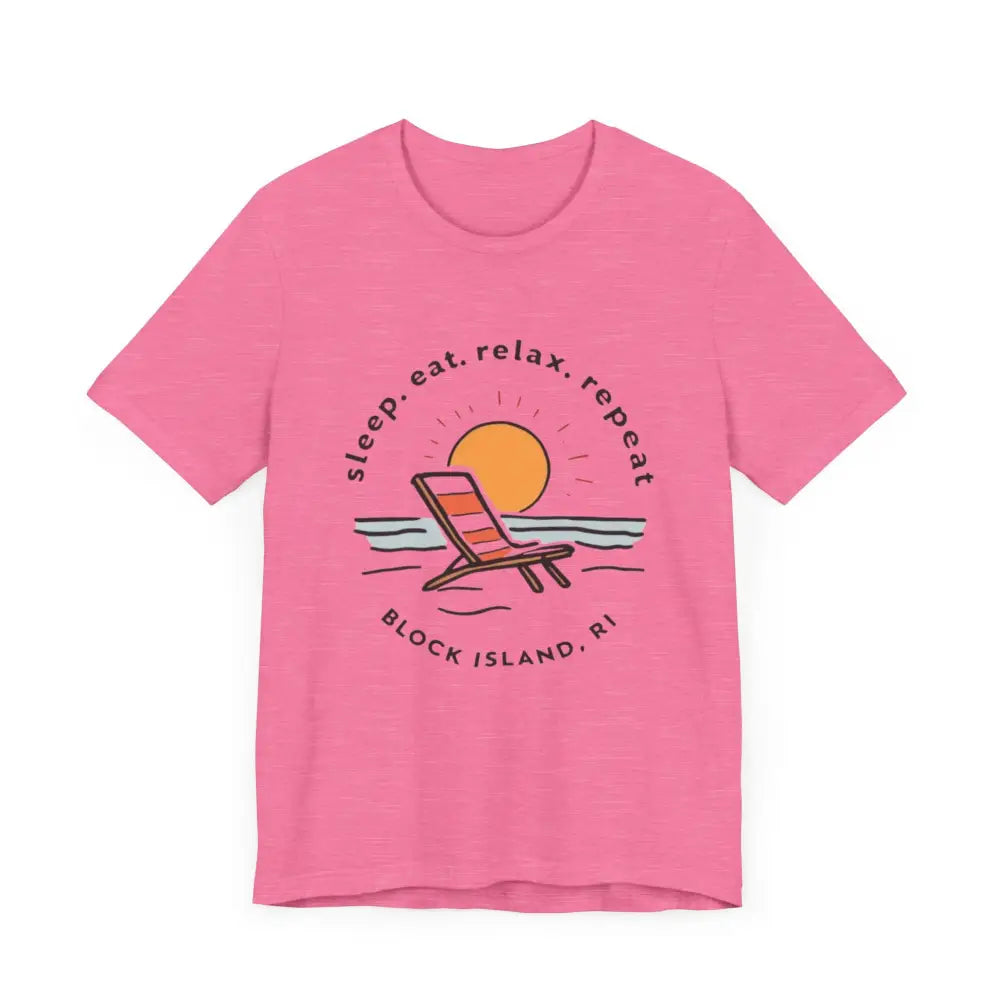 Pink t-shirt featuring a beach graphic from the Block Island Beach Vibes Unisex Tee