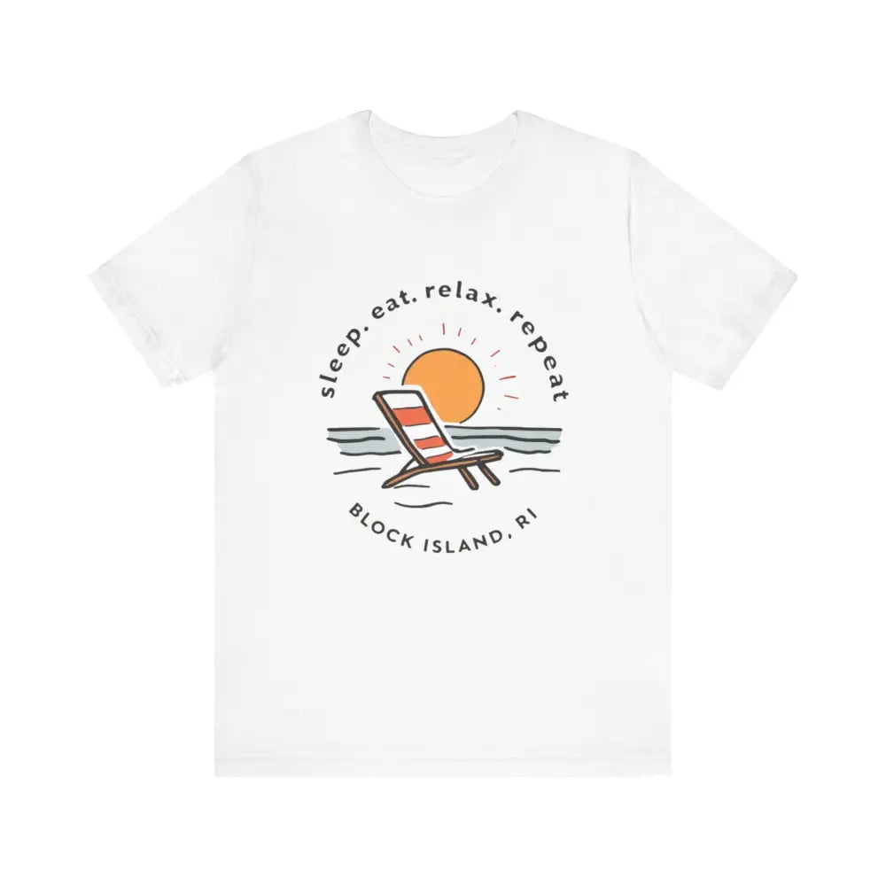 White Block Island Beach Vibes Unisex Tee featuring vibrant beach graphic design