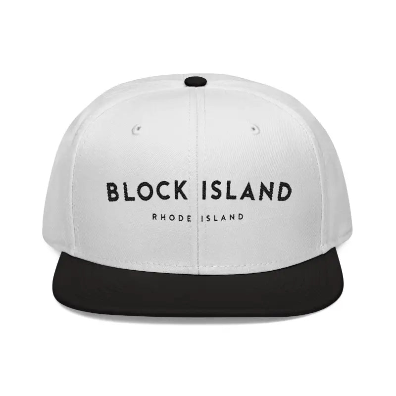 White and black Block Island Embroidered Snapback Cap for summer fun activities