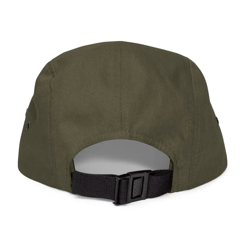 Olive green Block Island Five Panel Cap featuring an adjustable strap for comfort