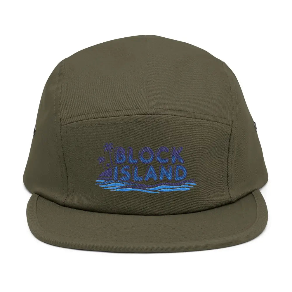 Olive green Block Island Five Panel Cap displayed on a neutral background
