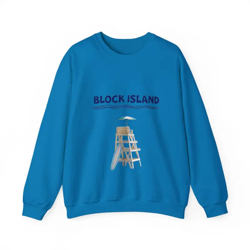 Blue sweatshirt featuring a beach scene from the Block Island Lifeguard Collection