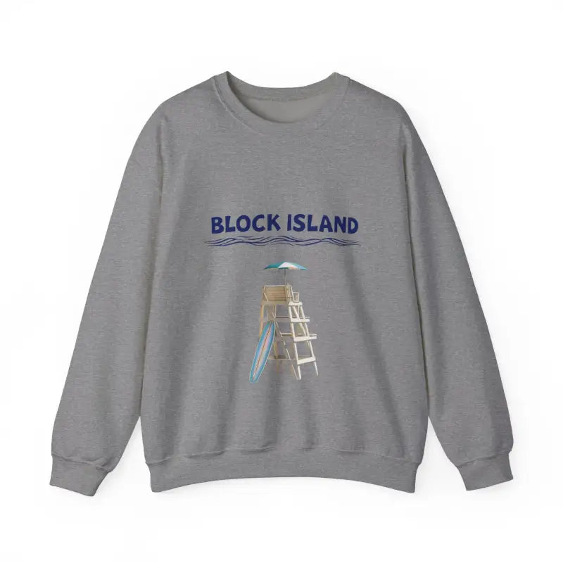 Gray sweatshirt featuring a beach scene from the Block Island Lifeguard Crewneck Collection