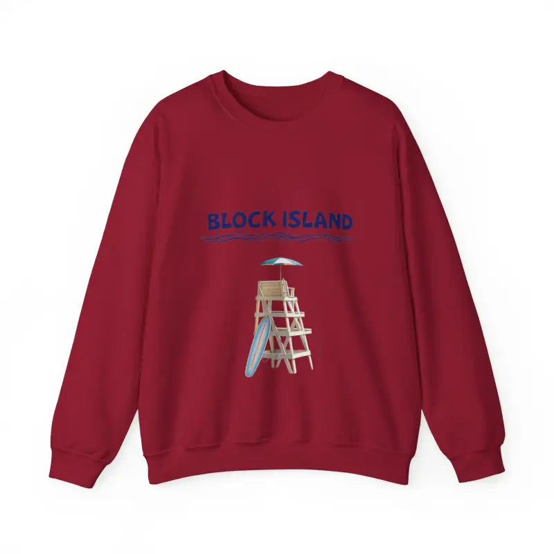 Maroon sweatshirt featuring lifeguard tower graphic from Block Island Lifeguard Collection