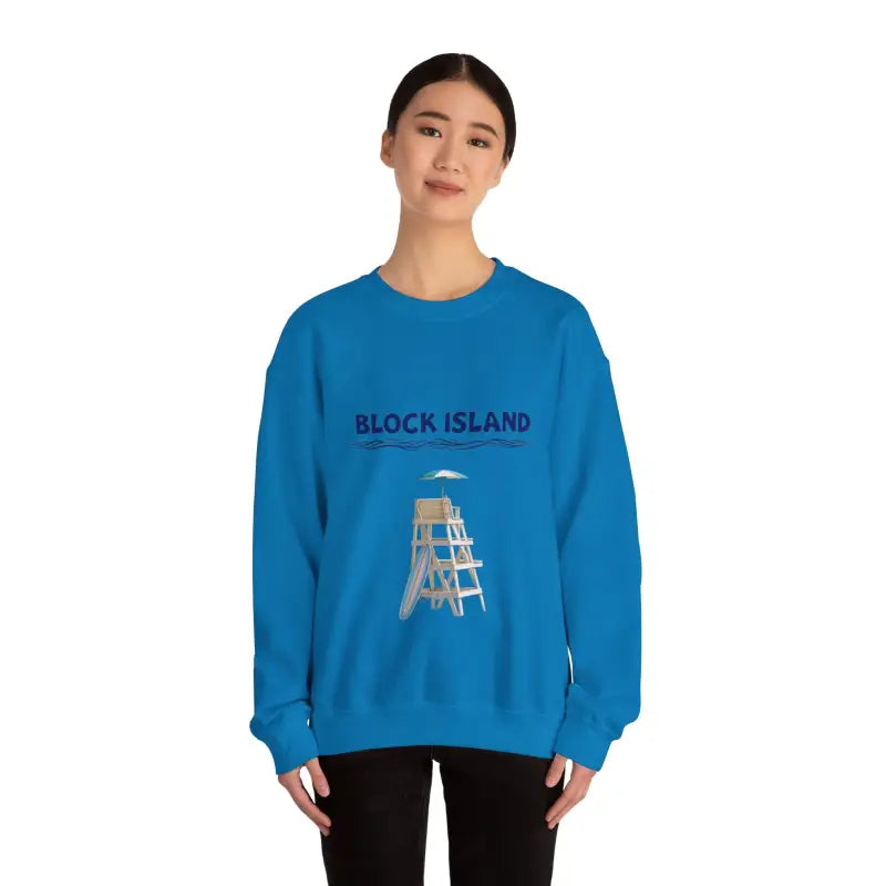 Blue sweatshirt featuring a lifeguard tower design from the Block Island Lifeguard Collection