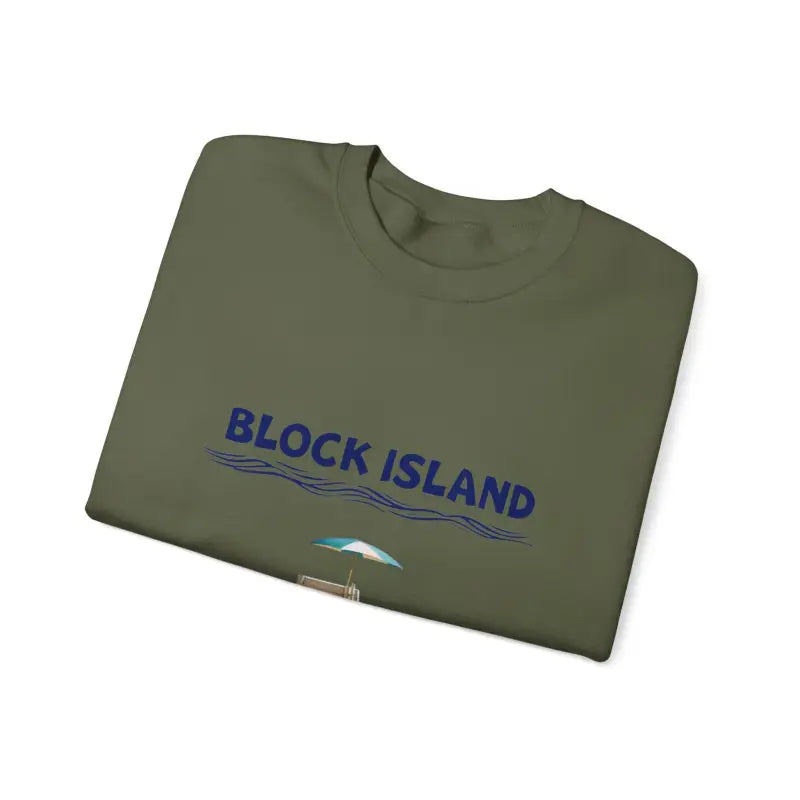 Folded olive-green t-shirt from Block Island Lifeguard Crewneck Sweatshirt Collection