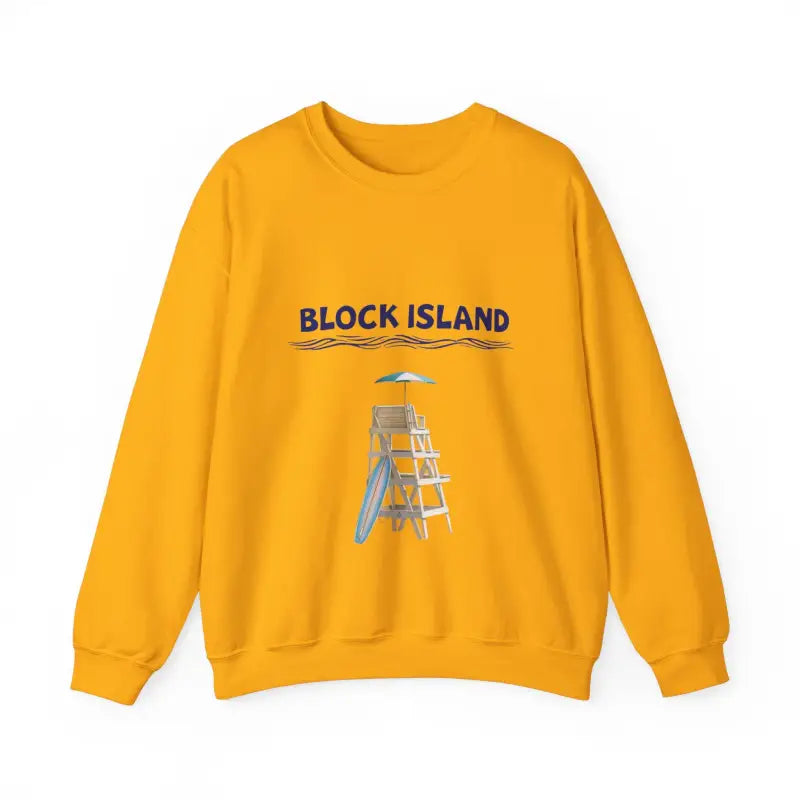 Yellow Block Island Lifeguard Crewneck Sweatshirt with lifeguard tower graphic