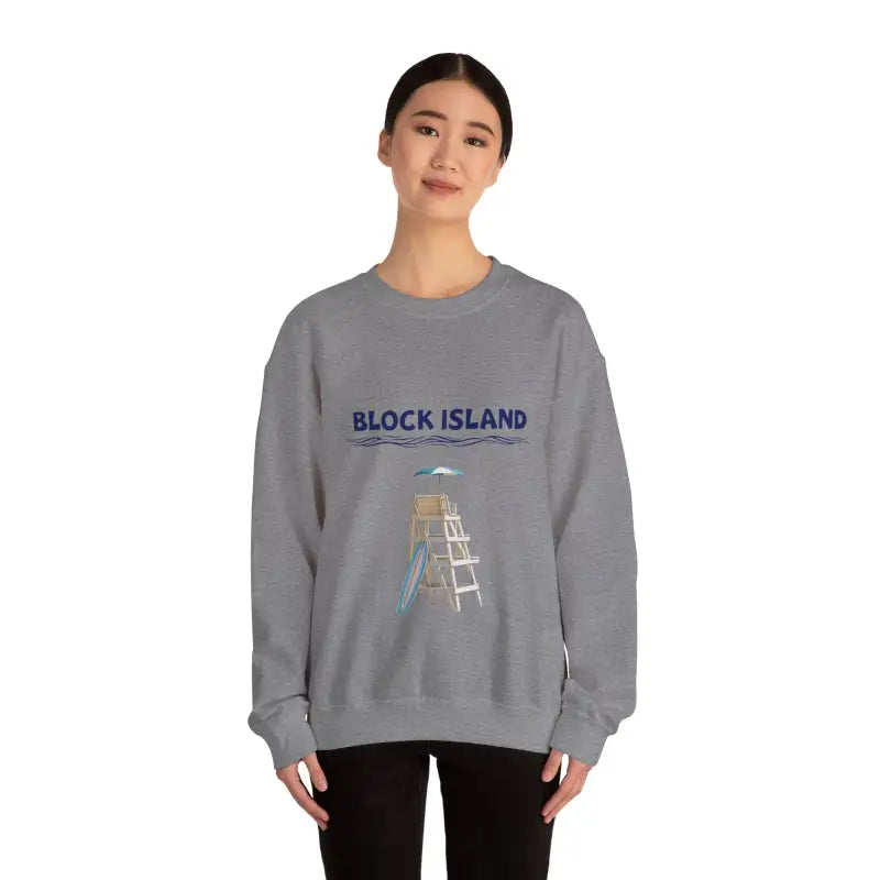 Gray sweatshirt featuring lifeguard tower graphic from Block Island Lifeguard Collection