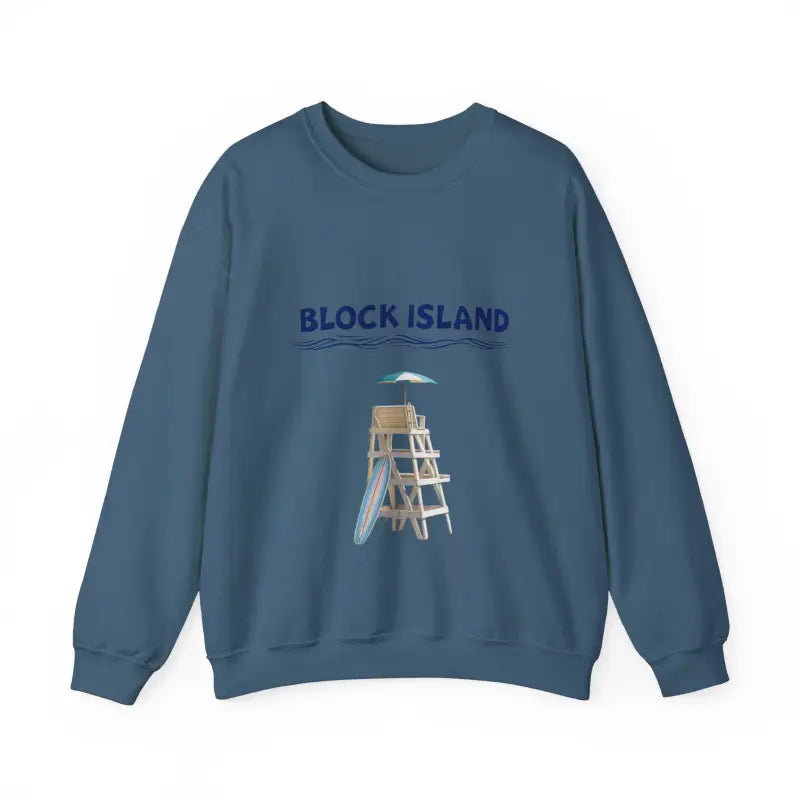 Blue sweatshirt with lifeguard tower graphic from Block Island Lifeguard Collection