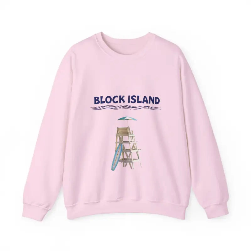 Pink sweatshirt featuring beach design from Block Island Lifeguard Crewneck Collection