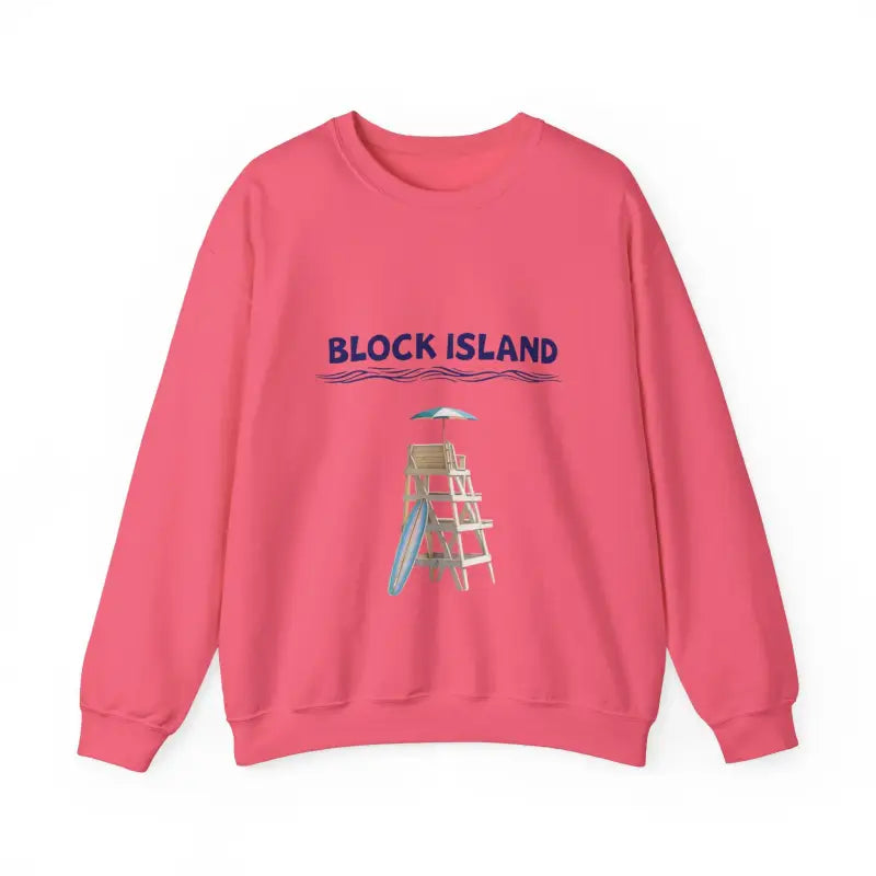 Pink sweatshirt featuring a beach scene from the Block Island Lifeguard Crewneck Collection