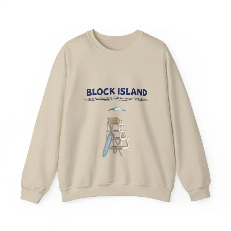 Beige sweatshirt featuring Block Island design from the Block Island Lifeguard Crewneck Collection