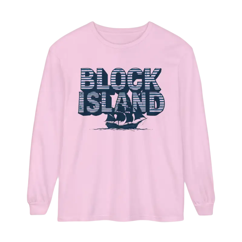 Pink long-sleeved shirt featuring Block Island and ship graphic for coastal lovers