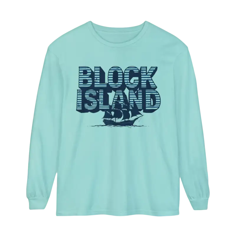 Light blue long-sleeved Block Island Long Sleeve Shirt for coastal lovers