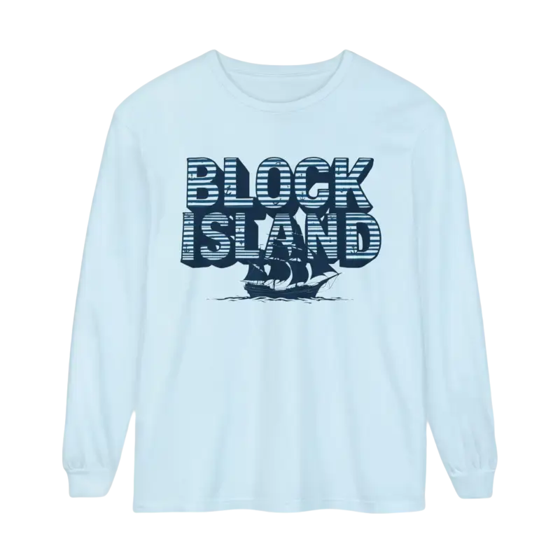 Light blue long-sleeved Block Island shirt featuring a ship design for coastal lovers