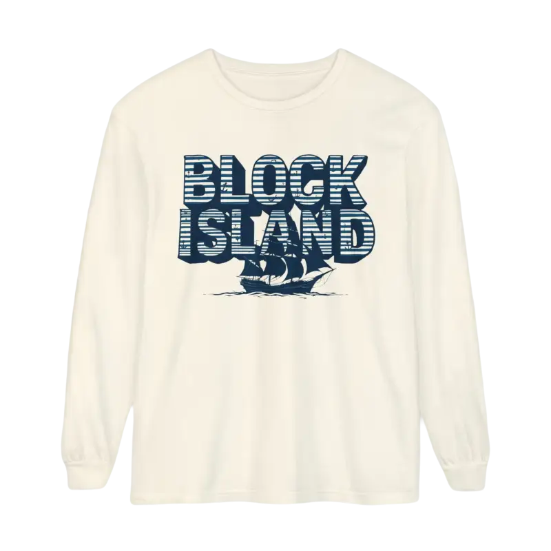 Long-sleeved Block Island shirt featuring ship graphic for coastal lovers