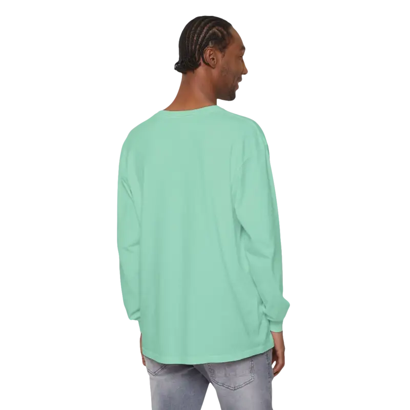 Man wearing a mint long-sleeved shirt from Block Island Long Sleeve Shirt collection
