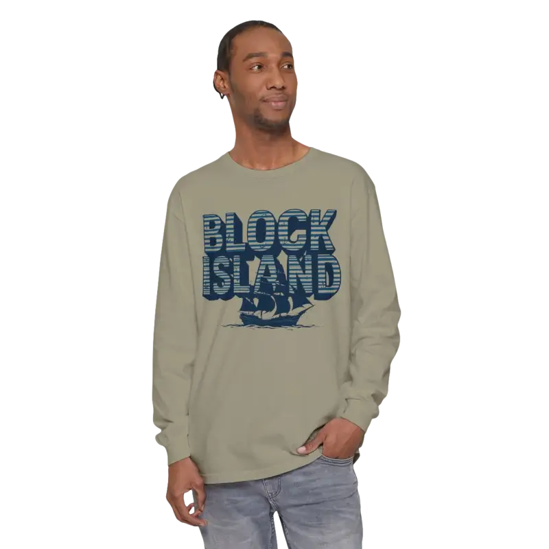 Long-sleeved Block Island shirt featuring a ship graphic for coastal lovers