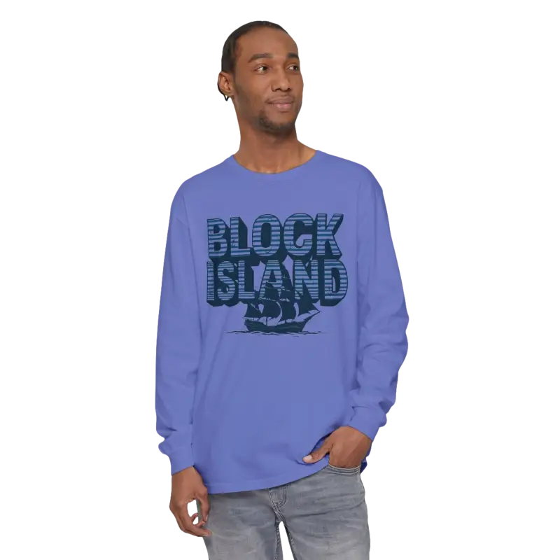 Man in blue long-sleeved shirt from Block Island Long Sleeve Shirt Unisex Coastal Lovers Tee