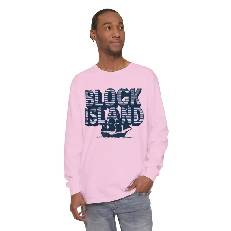 Pink long-sleeved Block Island Long Sleeve Shirt for coastal lovers, unisex design