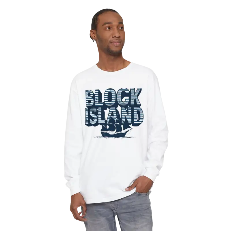 White long-sleeved Block Island design shirt for unisex coastal lovers