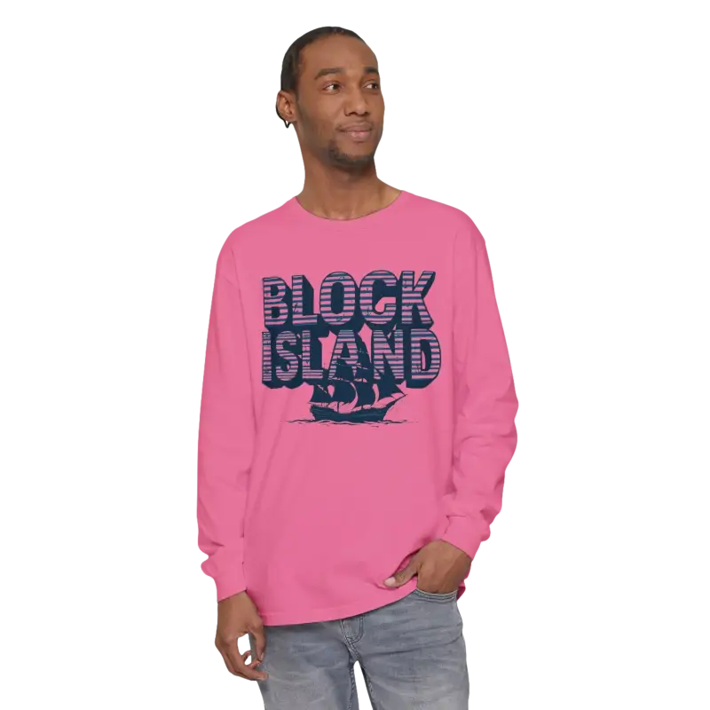 Pink long-sleeved Block Island Long Sleeve Shirt Unisex Coastal Lovers Tee