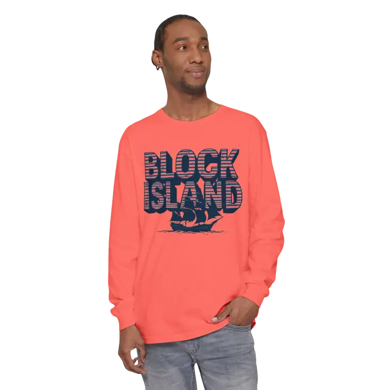 Coral long-sleeved shirt featuring Block Island graphic for coastal lovers