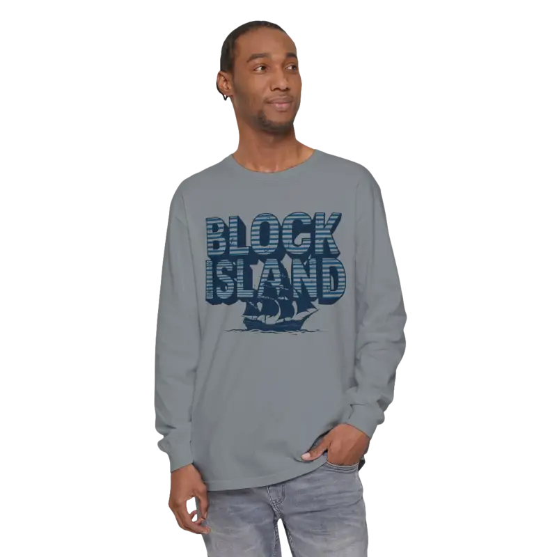Gray long-sleeved Block Island shirt featuring a ship graphic for coastal lovers