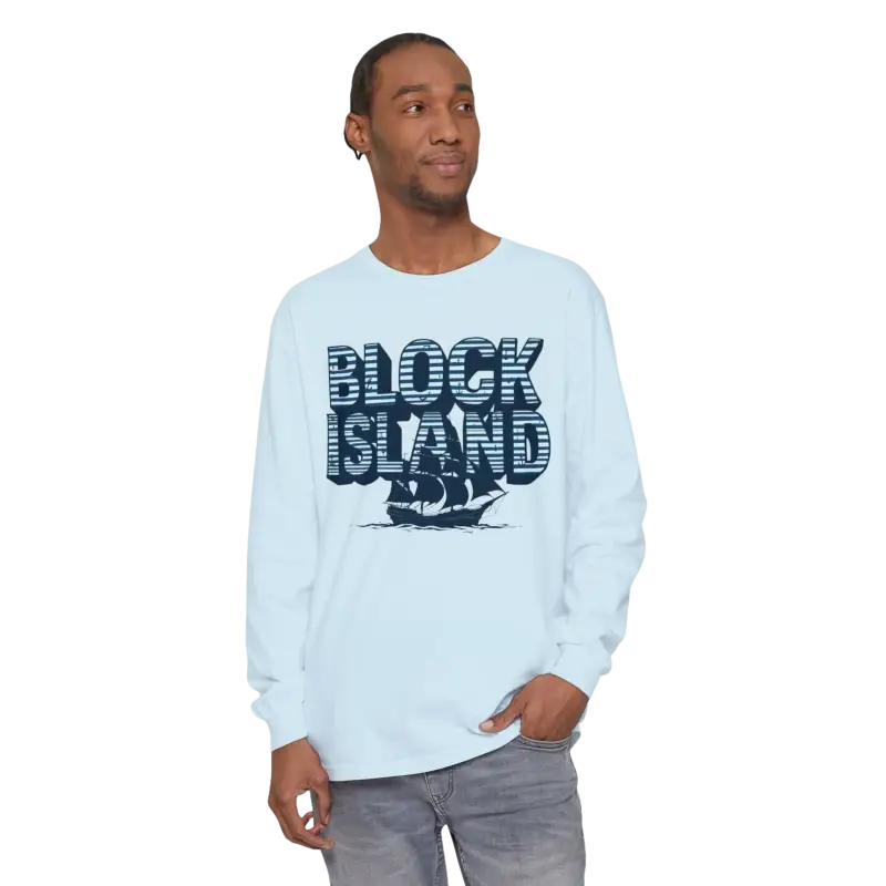 Light blue long-sleeved Block Island Long Sleeve Shirt for unisex coastal lovers