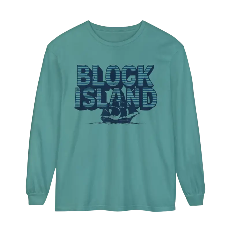 Teal long-sleeved shirt featuring Block Island text and ship graphic for coastal lovers
