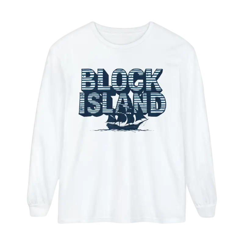 White long-sleeved Block Island Long Sleeve Shirt for unisex coastal lovers