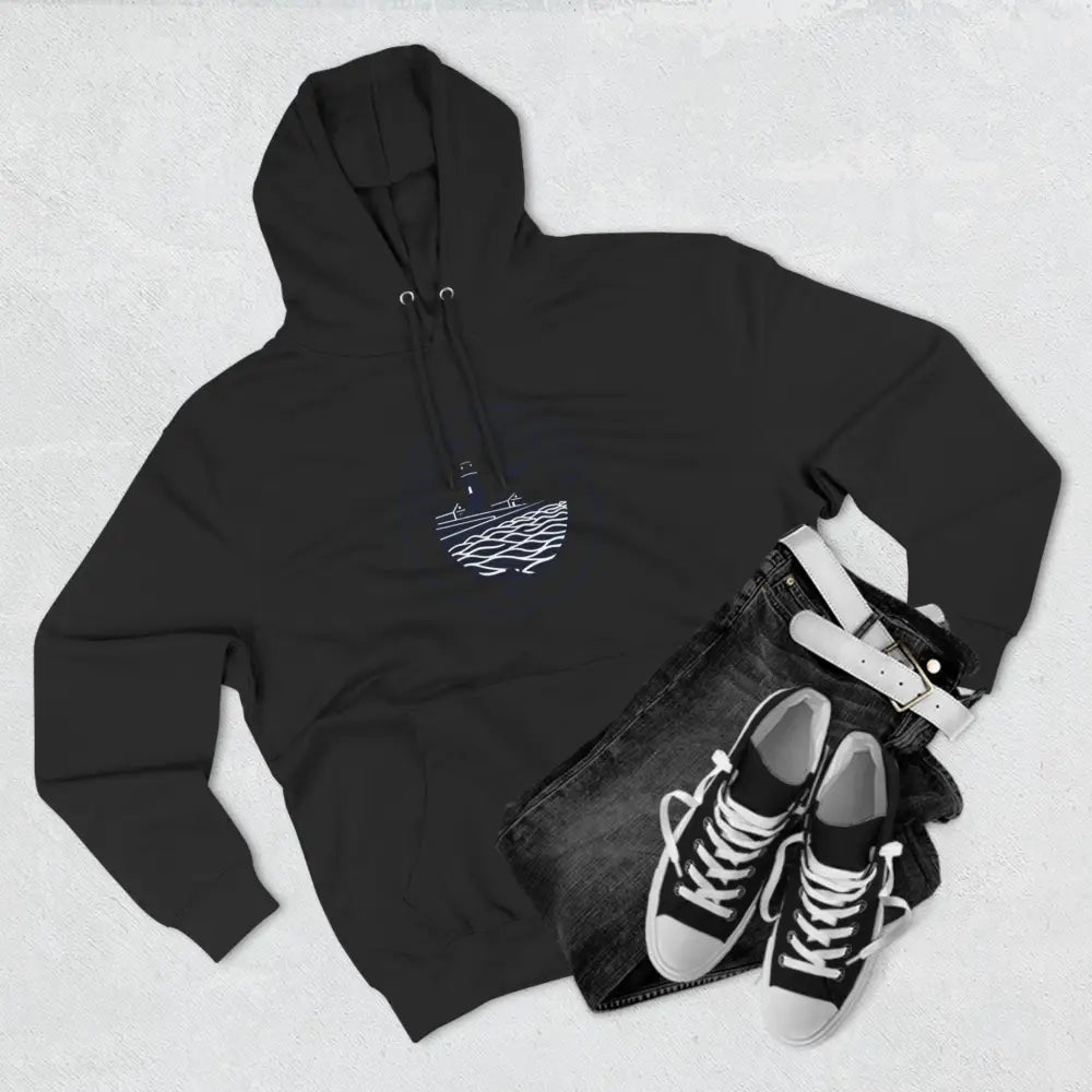 Black hoodie featuring a graphic design from the Block Island North Light collection