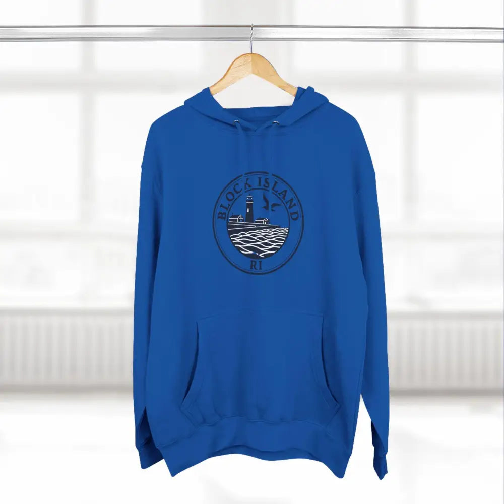 Blue hoodie featuring Block Island design, perfect for casual wear