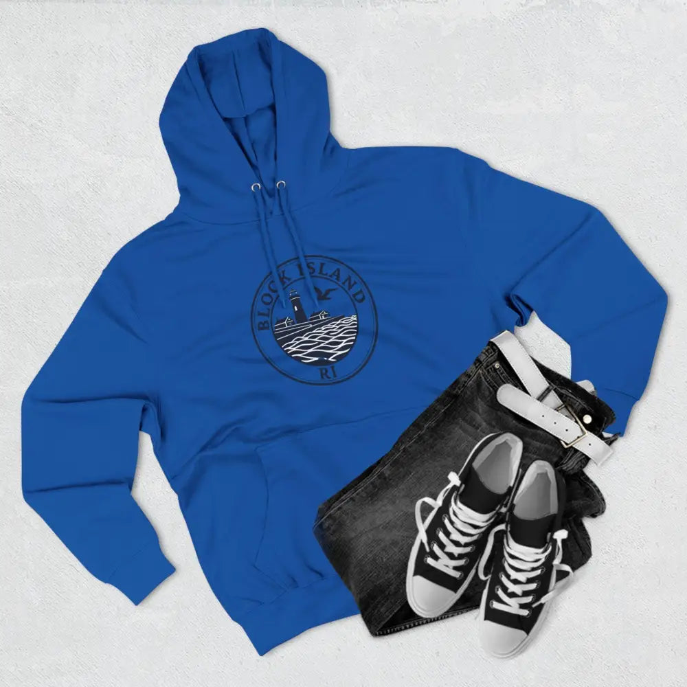 Blue hooded sweatshirt paired with jeans and sneakers, Block Island North Light Unisex Fleece Hoodie