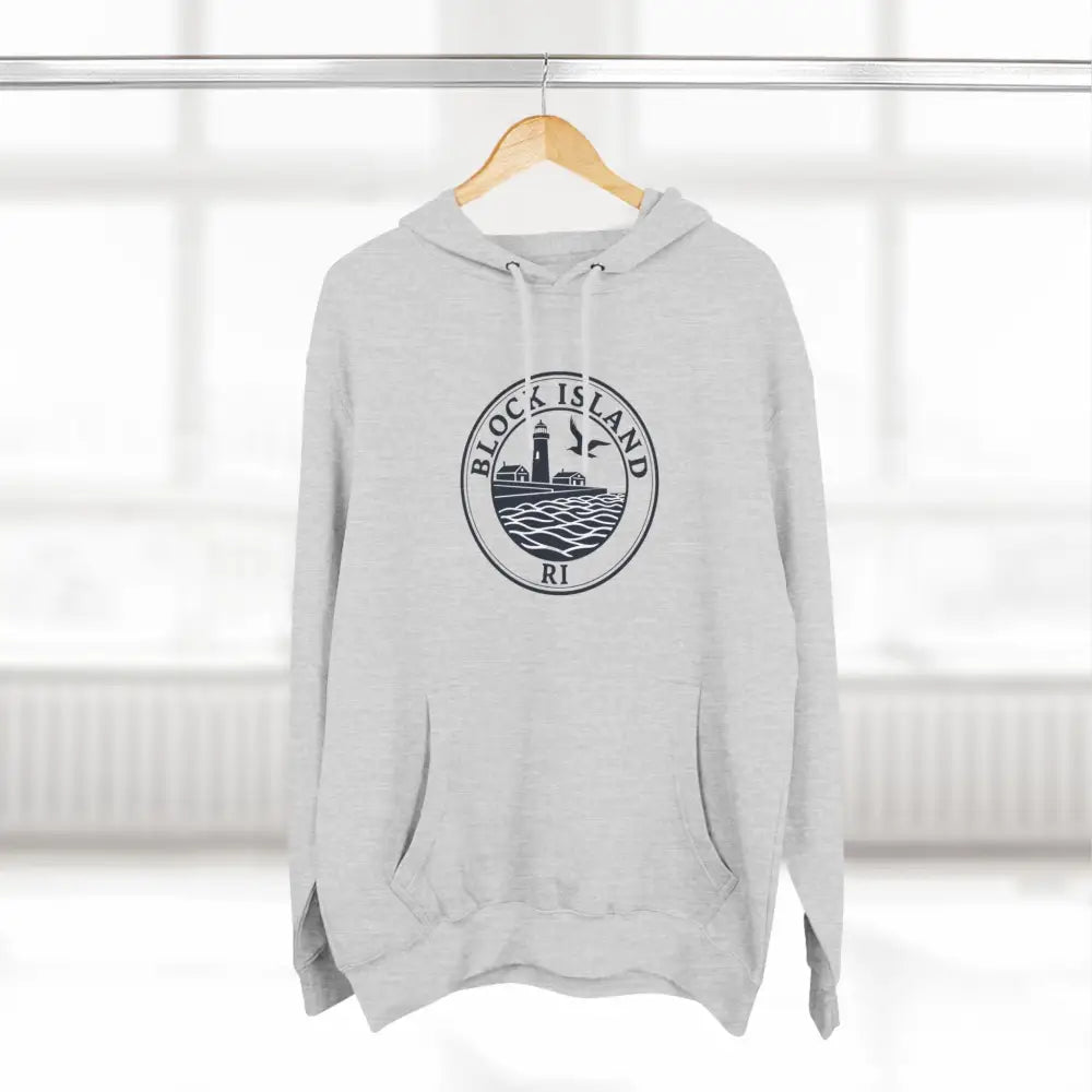 Gray Block Island North Light Unisex Fleece Hoodie featuring iconic logo design