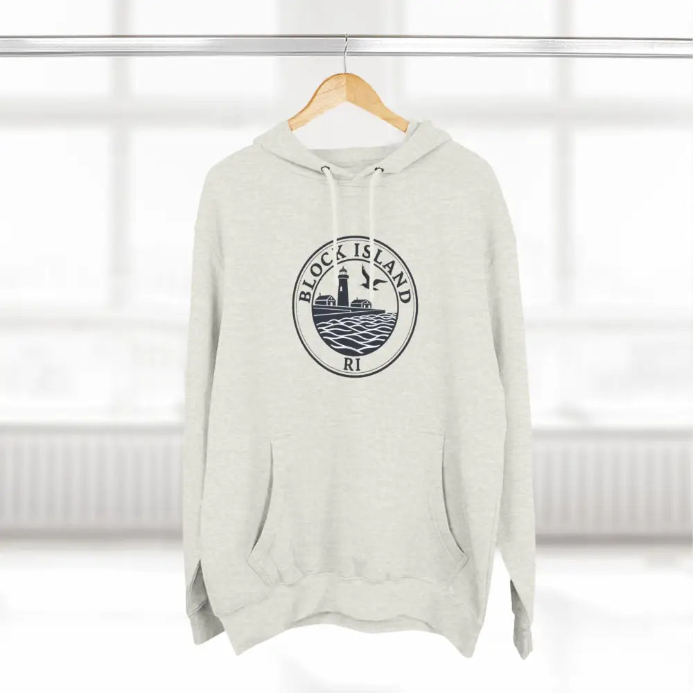 Hanging Block Island North Light Unisex Fleece Hoodie in a stylish display