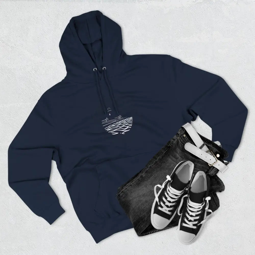 Navy blue Block Island North Light Unisex Fleece Hoodie with white graphic design