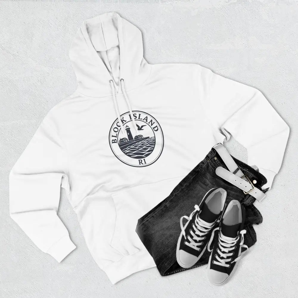 White hoodie featuring Block Island design from Block Island North Light collection