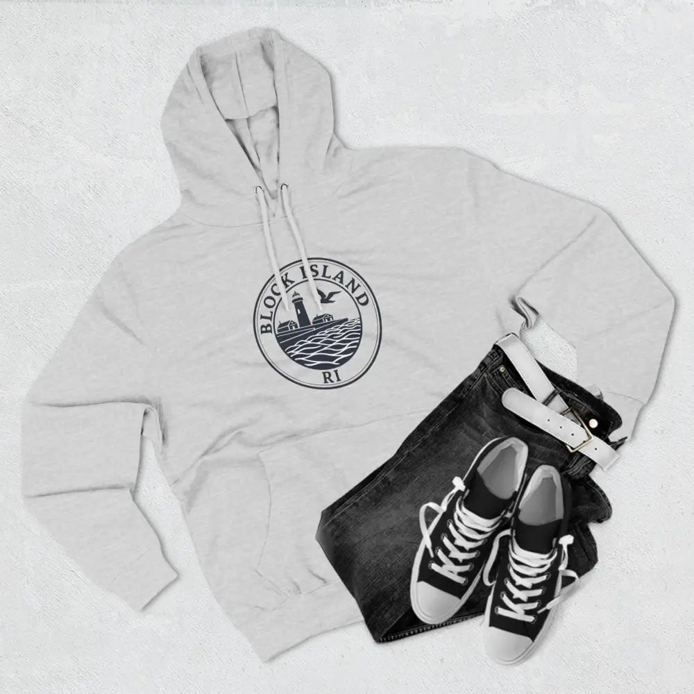 White Block Island North Light Unisex Fleece Hoodie with logo, jeans, and sneakers