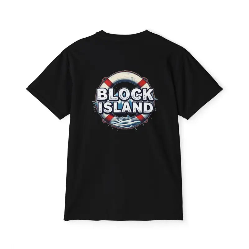 Black t-shirt featuring Block Island graphic for casual summer vibes