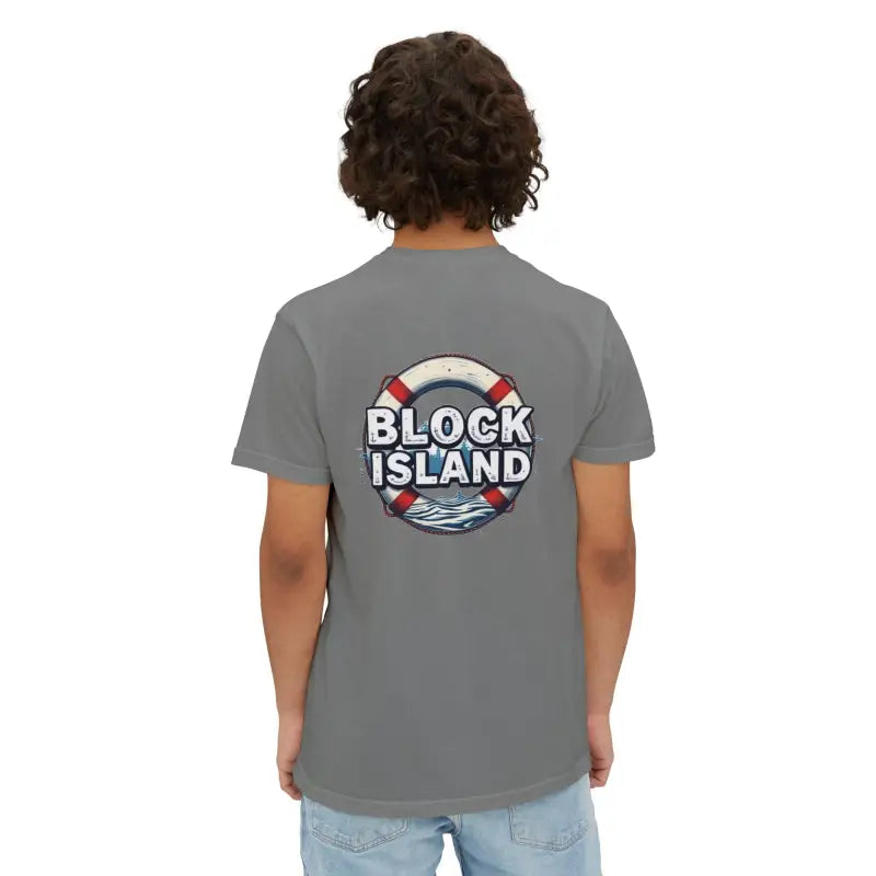 Gray T-shirt featuring Block Island design for a casual summer vibe