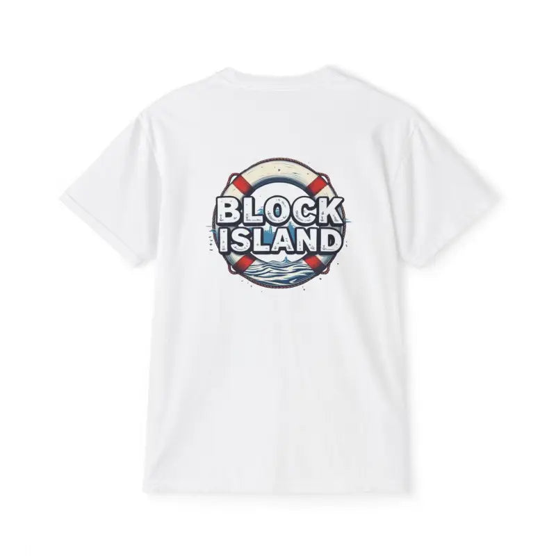White T-shirt featuring Block Island graphic for a casual summer vibe