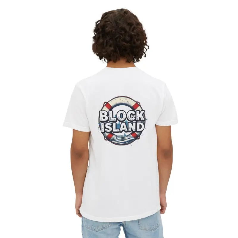 White Block Island Pocket T Shirt featuring a casual summer vibe design